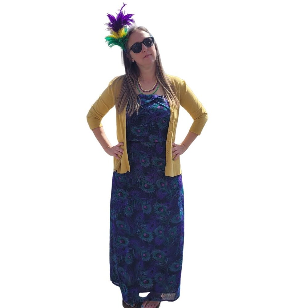 Kira Women’s Medium Purple/Green Strapless Peacock Feather Maxi Dress Pockets - Picture 11 of 11